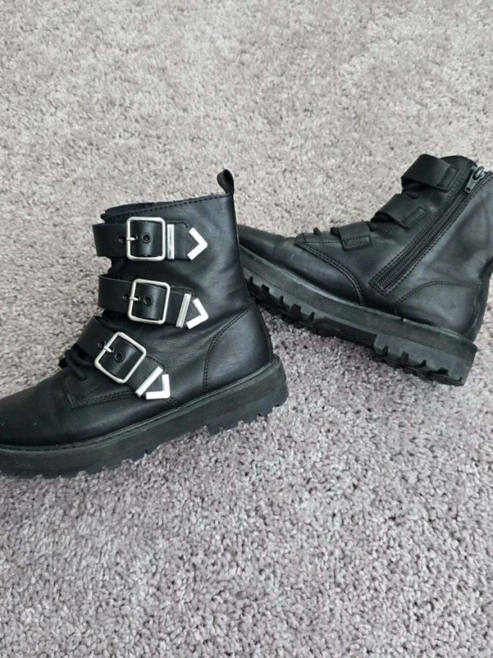 Zara Black Triple Buckle Combat Boots Faux Leather Moto Punk Goth Side Zip 34